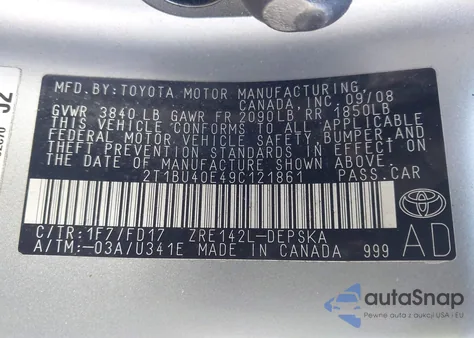 2009 Toyota Corolla S z USA, uszkodzony, nr VIN 2T1BU40E49C121861